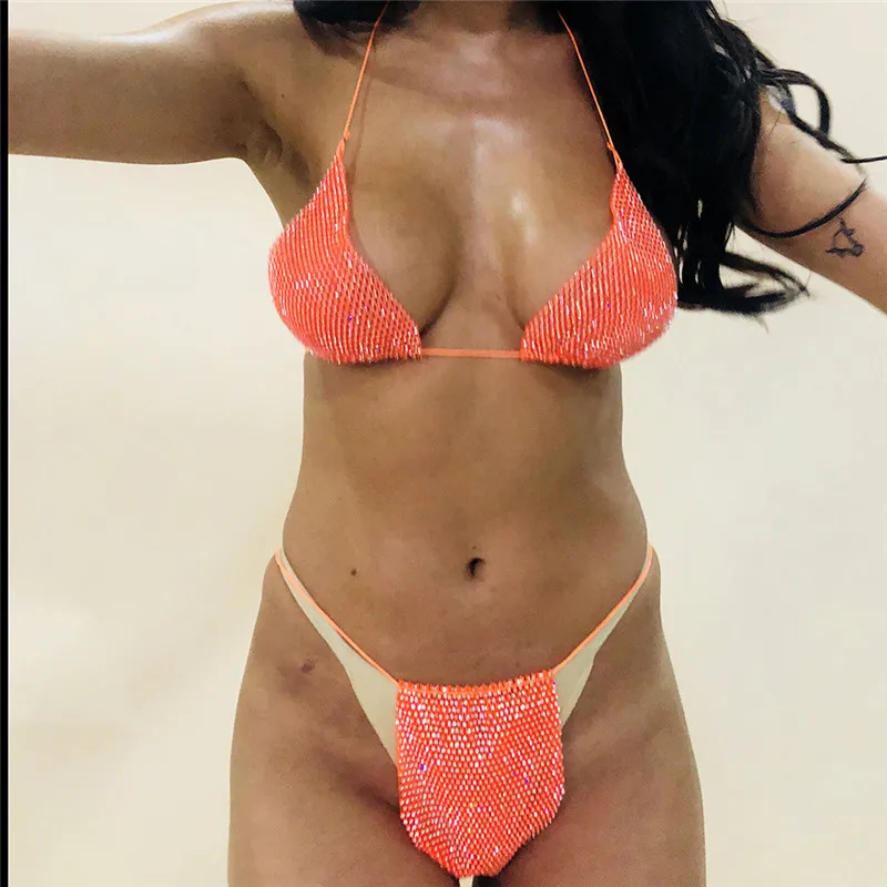 Женский Блестящий купальник-бикини со стразами купальник-бандо с металлической