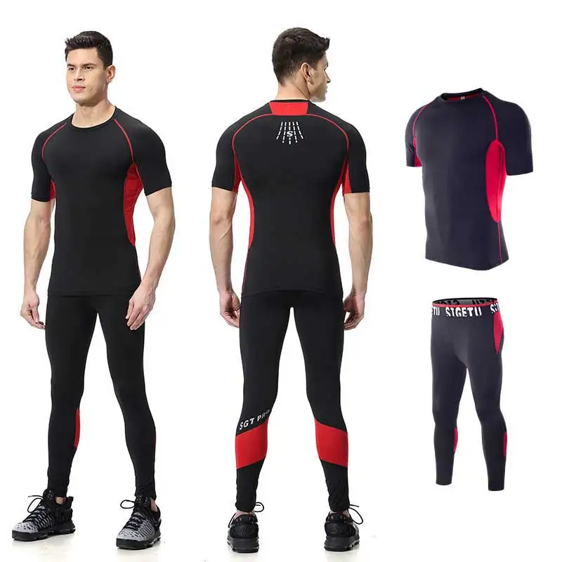 2 шт. Для мужчин тренажерный зал сжатия Фитнес комплекты футболка + леггинсы