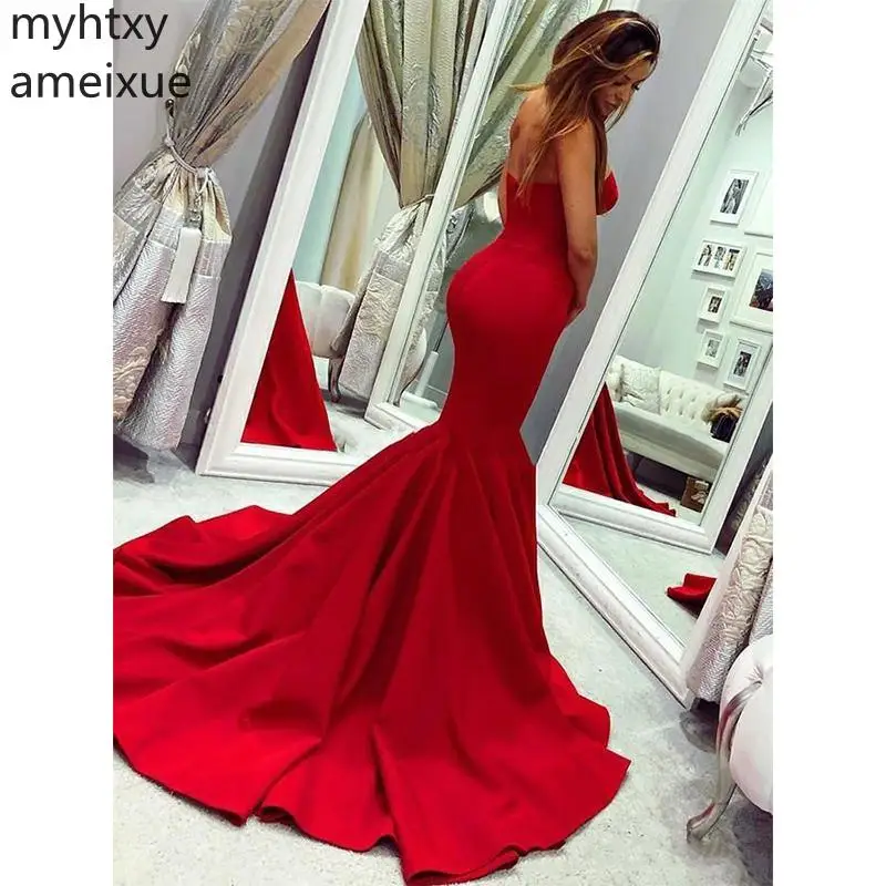 

Женское вечернее платье-русалка, Красное длинное платье с открытой спиной и шлейфом, платье для выпусквечерние вечера, 2021