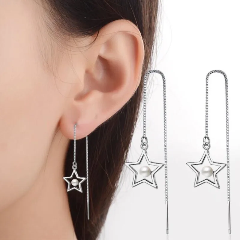 

New Exquisite 925 Sterling Silver Jewelry Personality Long Tassel Hollow Pentagonal Stars Fashion Pearl Dangle Earrings SE313
