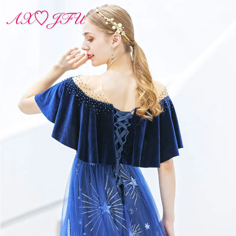 

AXJFU Blue lace ruffles star evening dress boat neck Show Host's Birthday Dinner Annual Meeting Star princess Evening Dress 8117