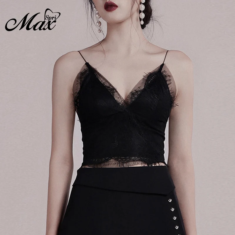 Женский кружевной топ с v-образным вырезом Max Spri клубный укороченный без рукавов