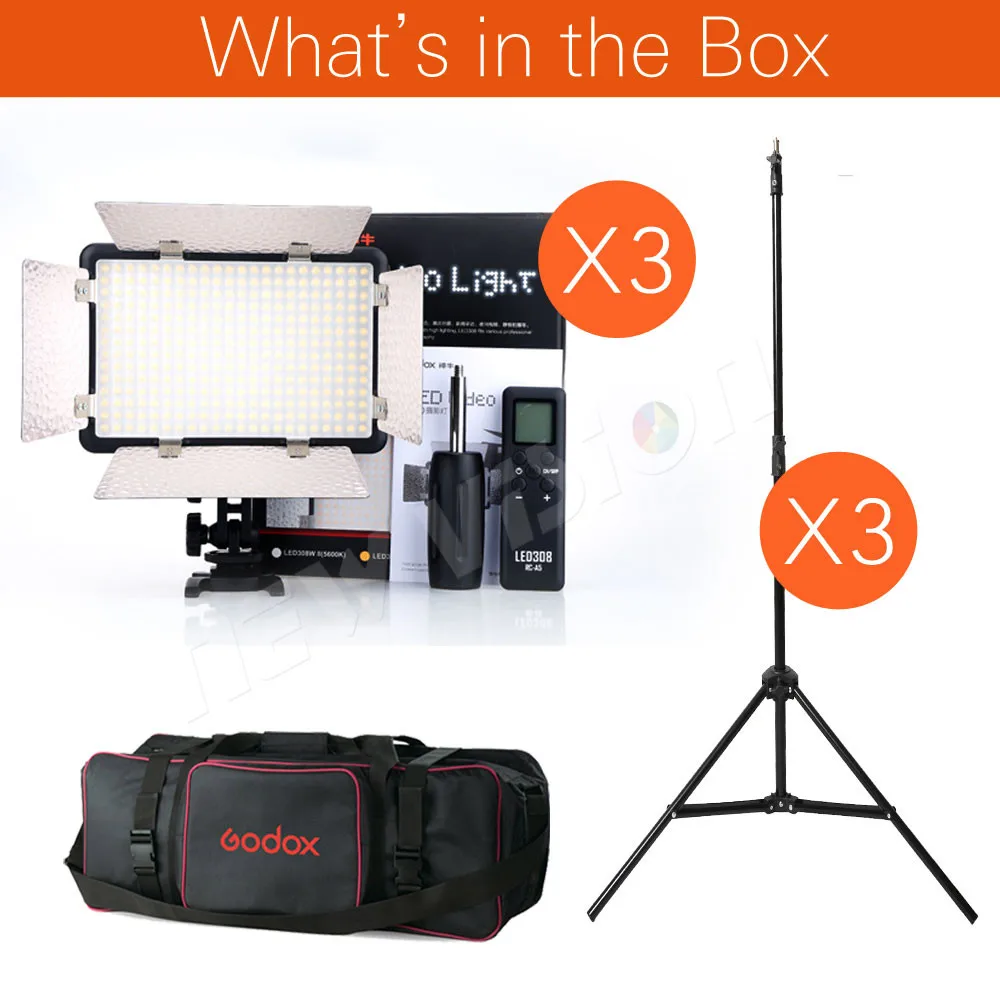 3X Godox LED308C II 3300-5600K светильник адаптером переменного тока + 200 см Свет Стенд CB-05