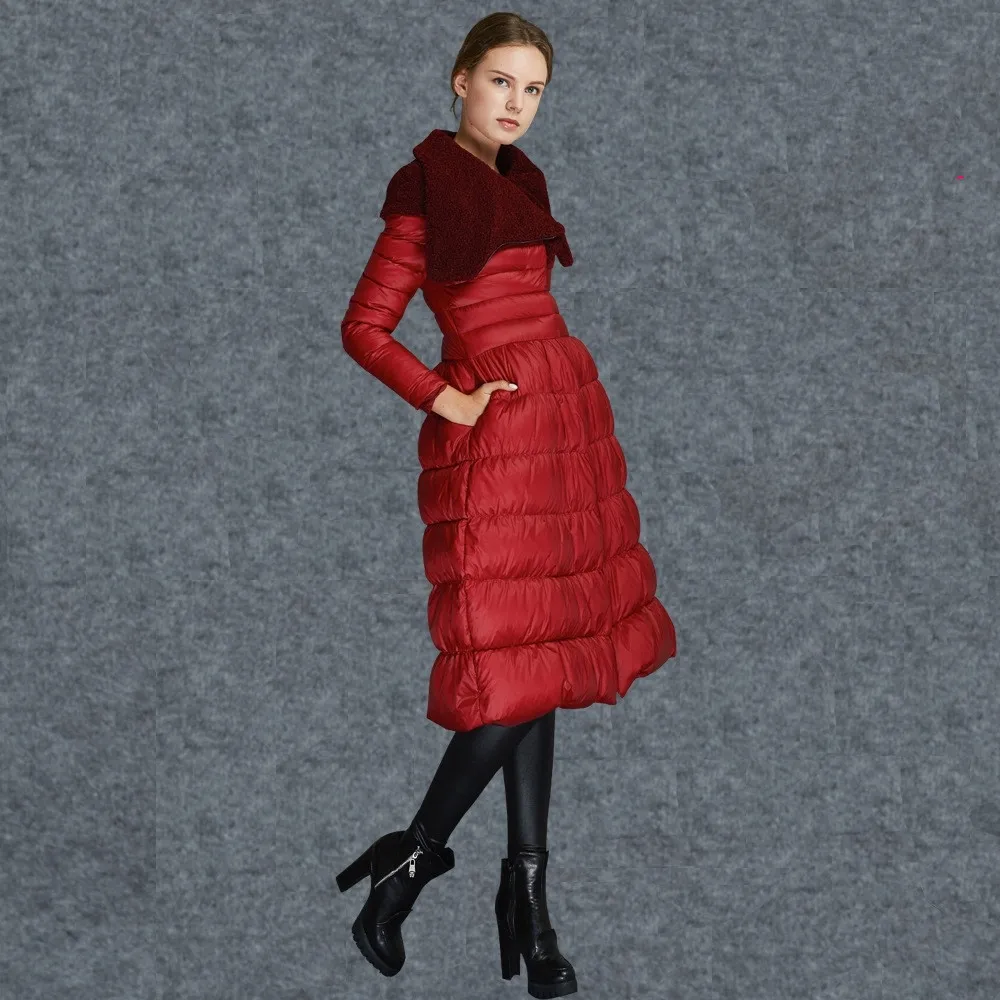 

High Quality Fashion New 2019 Winter Coat Women Large Turn-down Collar Thick Warm Long Duck Down Parkas Black Rad Jacket