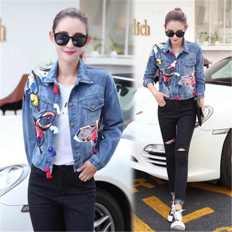 

Womens Spring Coat-Fall Short Jacket Butterfly Embroidery Denim Jacket for Women Ladies Casual Slim College Jacket Coat Print