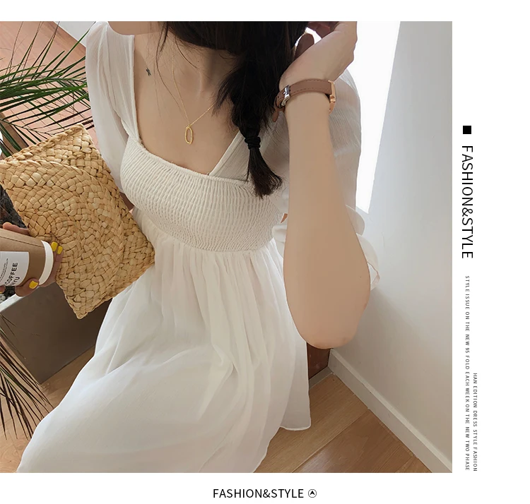 RUGOD новое летнее женское однотонное шифоновое платье квадратный воротник половина рукава Плиссированное эластичное ТРАПЕЦИЕВИДНОЕ ПЛАТЬЕ Сказочный темперамент