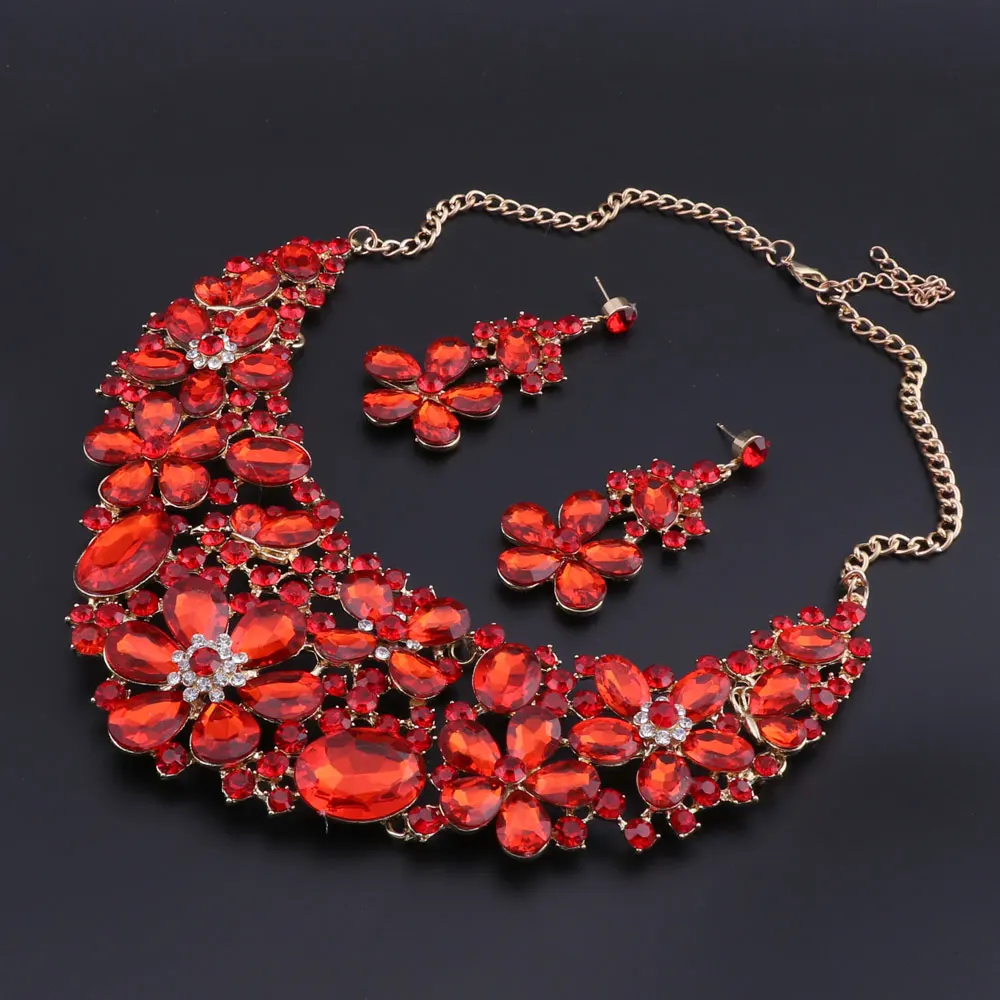 OEOEOS Gold Color Luxury Crystal Bridal Jewelry Sets Flower Shaped Rhinestone Necklace Earrings Prom Wedding | Украшения и