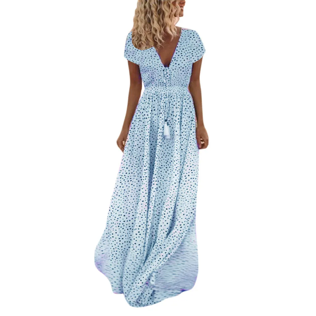 Синий Vestido de festa longo, женское летнее платье, короткий рукав, в горошек, с кисточками, v-образный вырез, длинные платья, винтажная пляжная туника, макси платье, Saia - Цвет: Синий