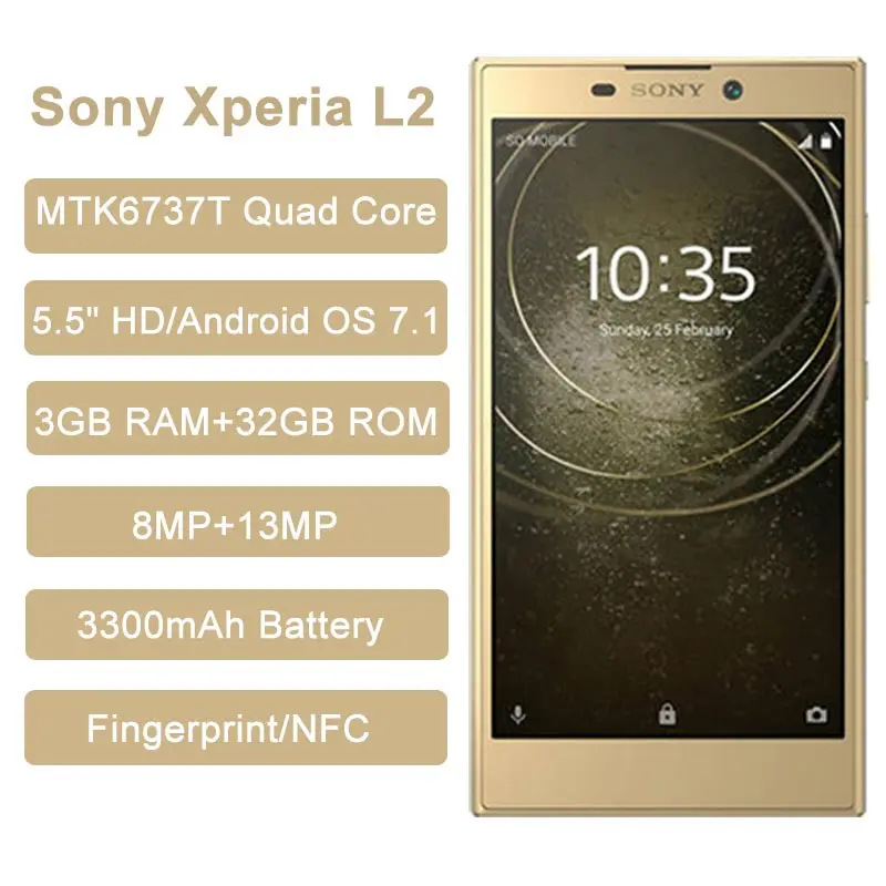 Оригинальный Смартфон Sony Xperia L2 4G 3 ГБ 32 5 дюймов IPS MTK6737T четыре ядра android 7 1 3300 мАч 13 м