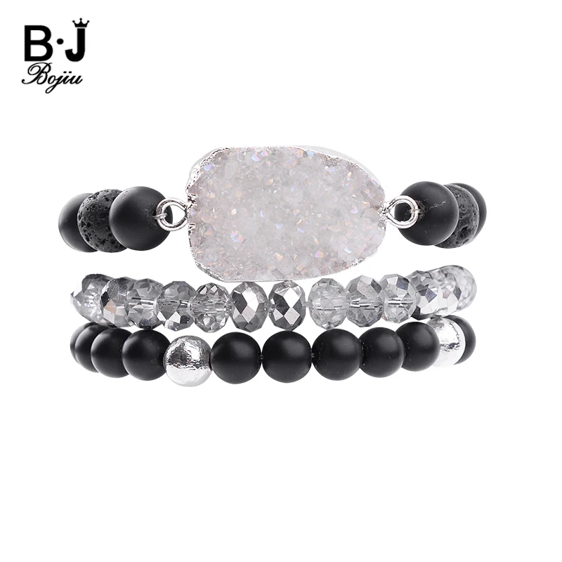 

BOJIU 3 Pcs/Set Natural Stone Pear Druzy Women Bracelets Howlite Crystal Drusy Agates Onyx Hematite Lava Beads Bracelet BCSET241