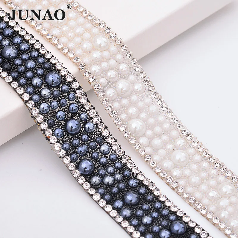 

JUNAO 5 Yard*18mm White Black Pearl Trim Chain Crystal Fabric Rhinestones Ribbon Glass Hotfix Strass Tape for DIY Dress Crafts