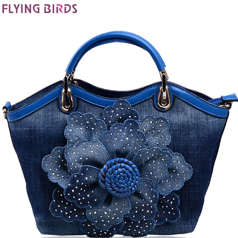 blue handbag Летающие птицы женские джинсовые сумки милая Синяя сумочка с розами высокое качество сумки с бриллиантами женская сумка-тоут сумки-мессенджеры LM3516fb - Цвет: blue handbag