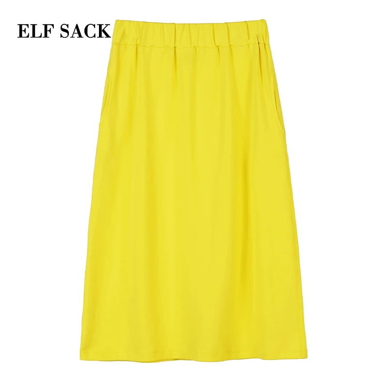 Женская прямая юбка ELFSACK желтая повседневная зеленого цвета в Корейском стиле