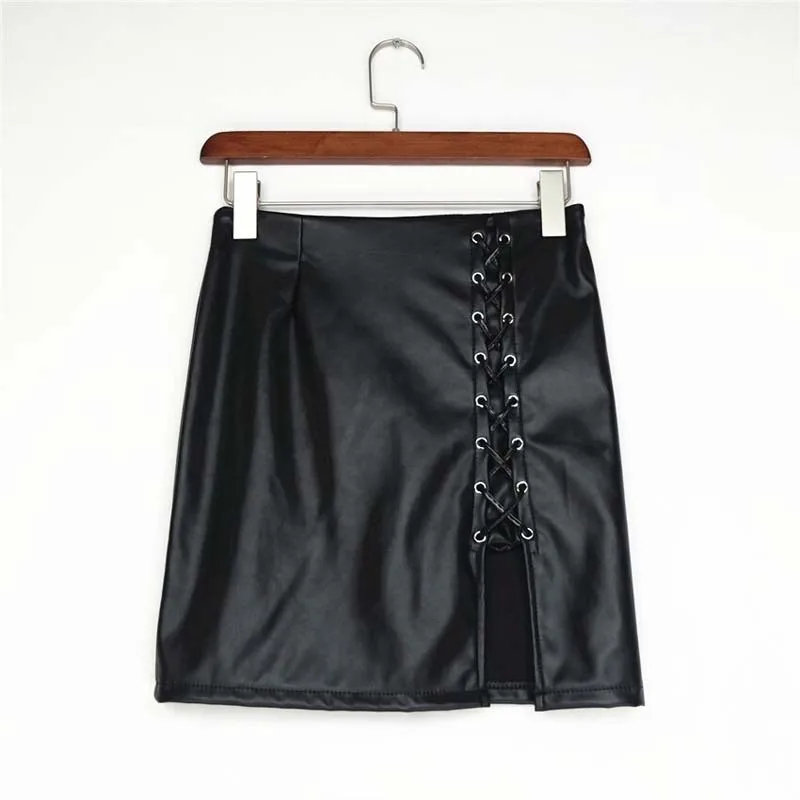 Women Lace Up PU Leather Skirt Autumn Side Split Pencil Skirts Sexy Bodycon Mini | Женская одежда