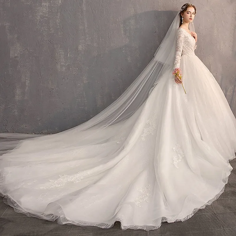 Женское свадебное платье с длинным рукавом Vestido de Noiva бальное открытой спиной и v образным вырезом большого