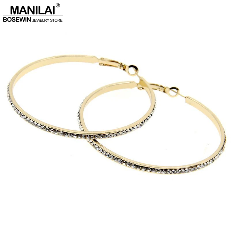 MANILAI Fashion Women's Jewelry 60mm Diameter Faceted Alloy Rhinestones Hoop Earrings Costume Jewellery FE045