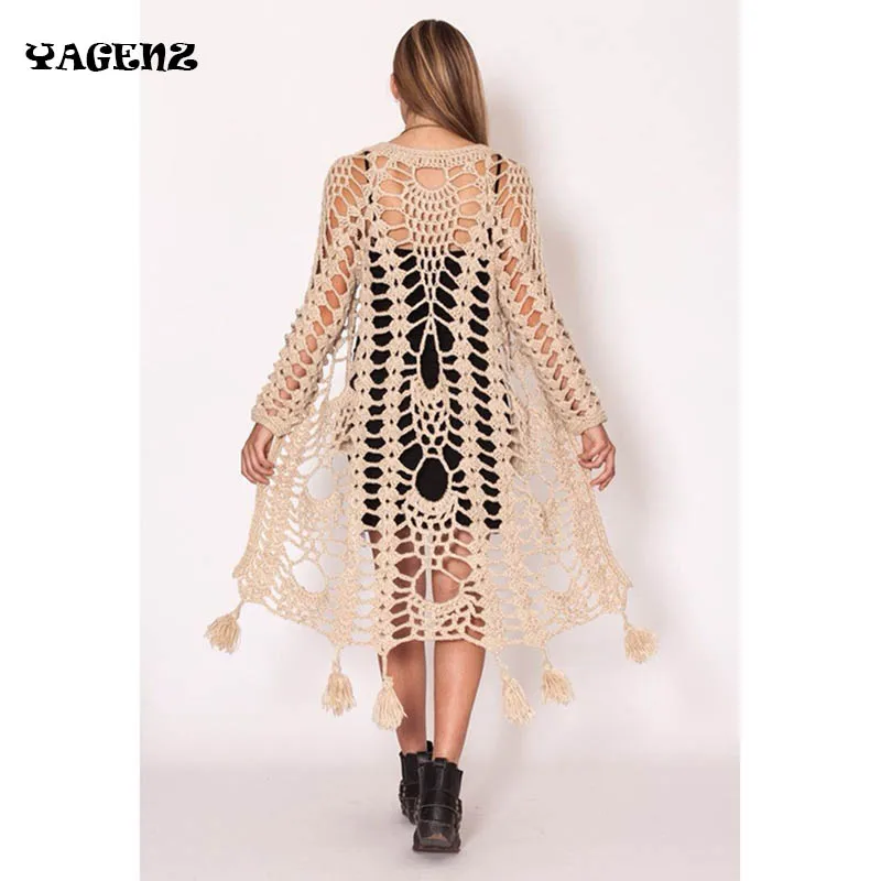 

Women Bohemian Fall New Style Crochet Hollow out Tassel Long Sleeve Long Knitted Cardigan Sweater Casual Knitwear Fringed B23