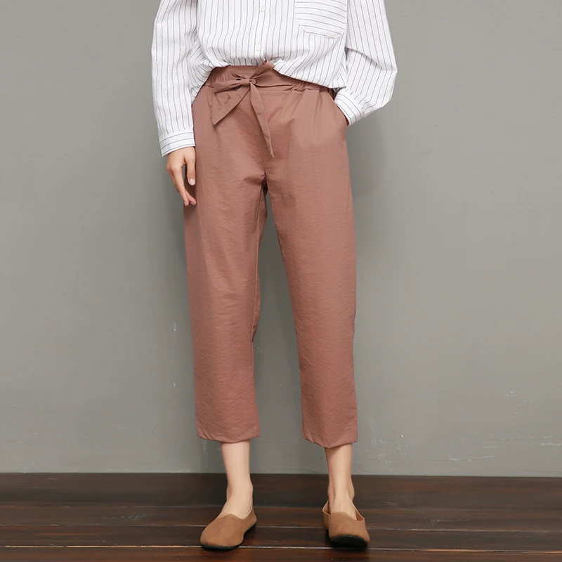 Dark pink Johnature, женские брюки-карандаш с высокой талией, брюки с эластичным поясом, весна, новые повседневные женские брюки, одноцветные мягкие брюки - Цвет: Dark pink