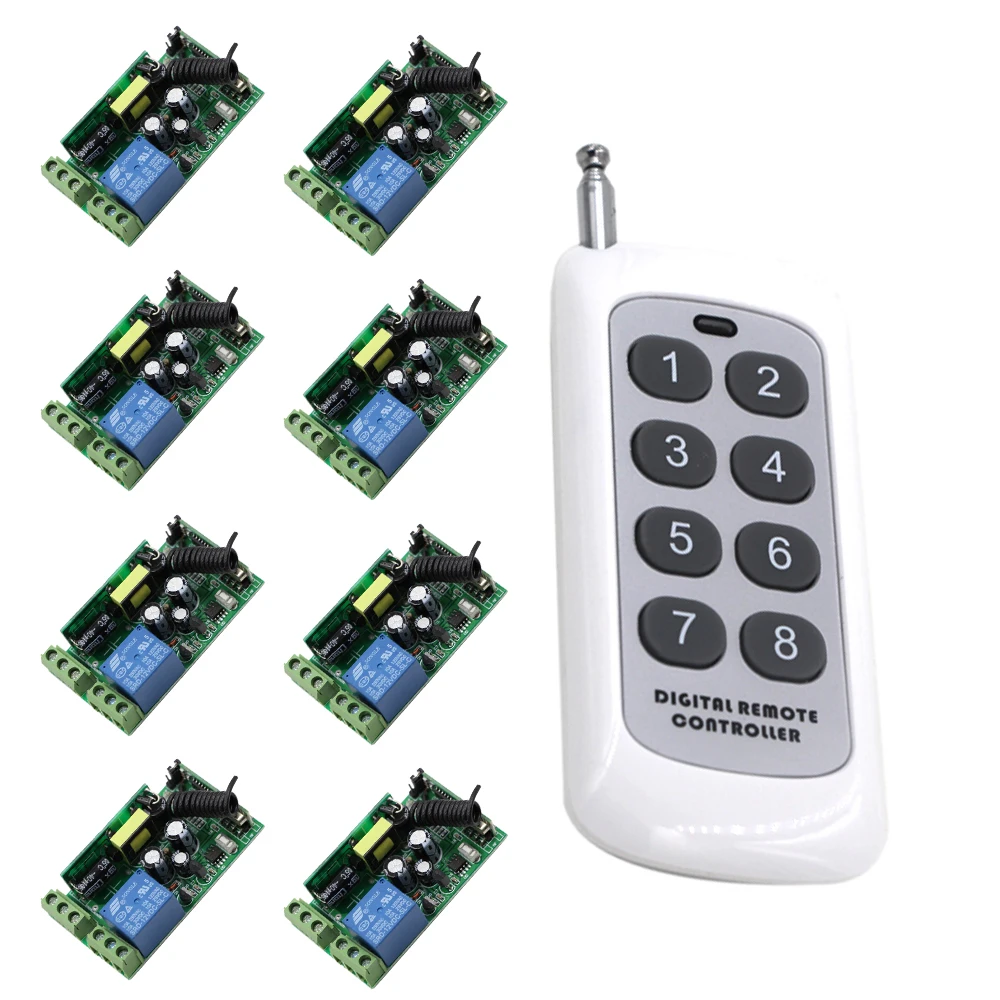 

Top Quality 85V 110V 220V 250V 10A 1CH Wireless Remote Control Switch 8*Receivers + 8Key Transmitter Learning Code Adjustable