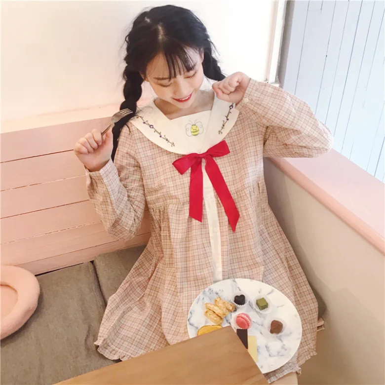 Kawaii платье лолиты весеннее женское японское милое студенческое платье с бантом и вышивкой в клетку летнее маленькое свежее платье