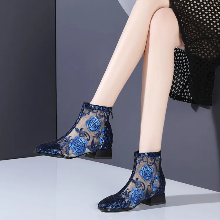 Новинка года; женские летние ботинки; женские ботильоны на плоской подошве; модные ботинки с вышивкой и сеткой; женские ботинки