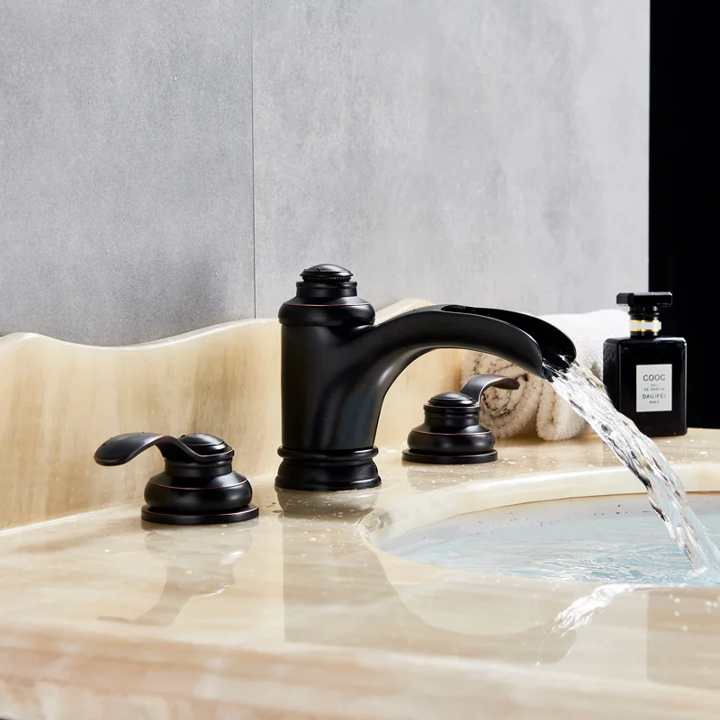 Suguword ORB Bathroom Sink Faucet Mixer Tap Hot and Cold Water Switch Dual Handle 3 Hole Widespread Install Waterfall Waterway |