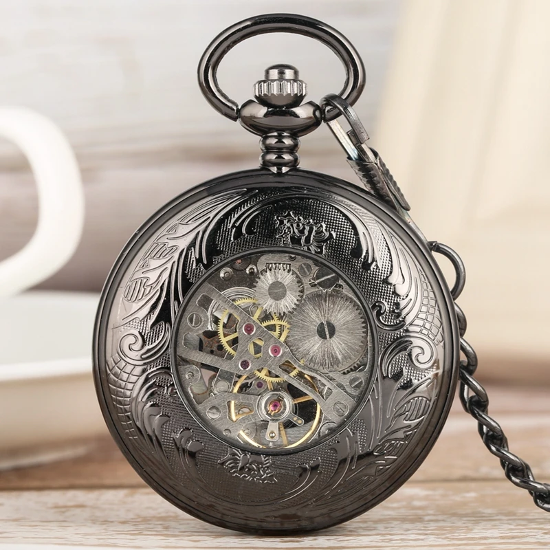 

Retro Black Goat Hollow Out Mechanical Pocket Watch Fashion Blue Roman Numeral Face Dial Premium Alloy Jewelry Wrist Chain Watch