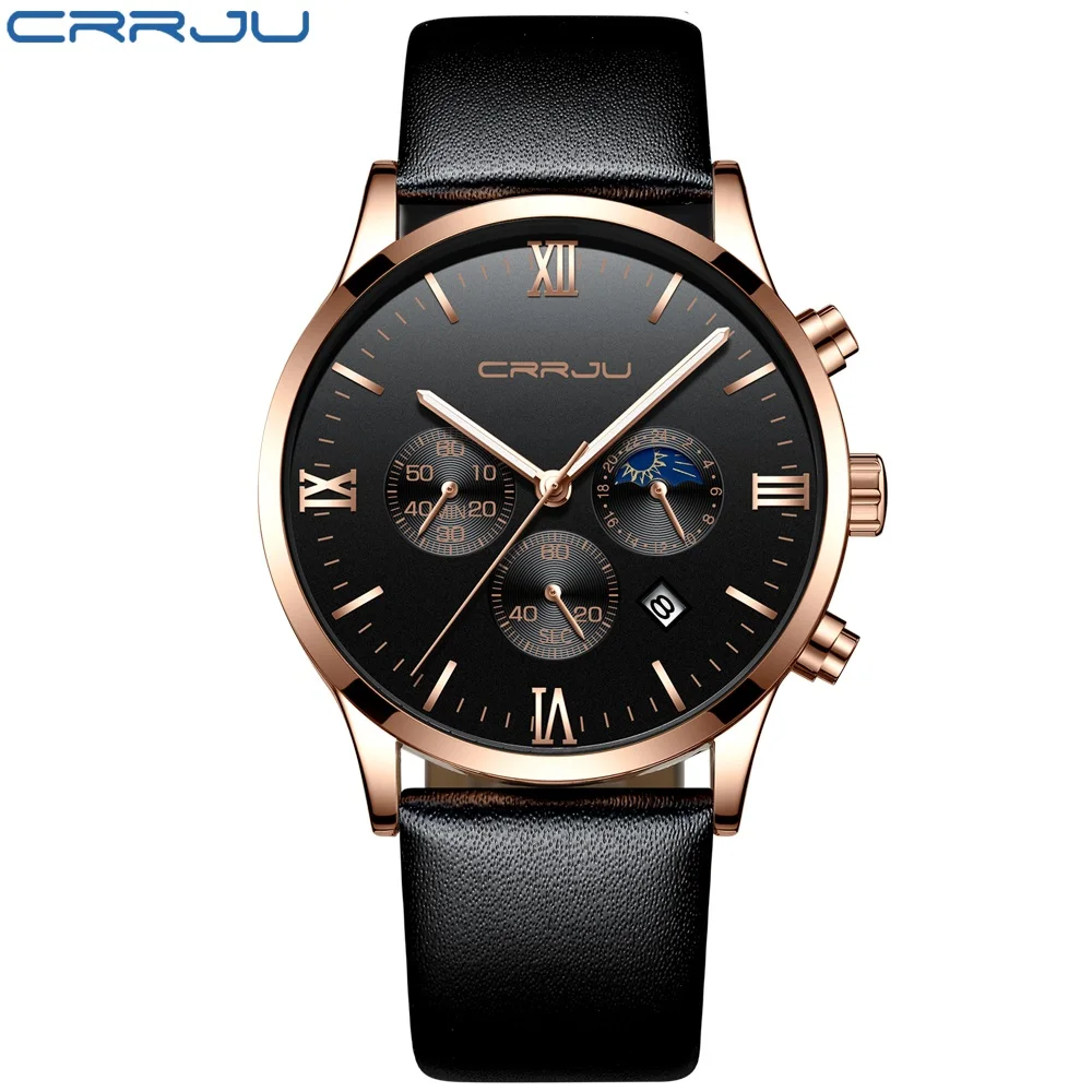 Leather rose black Мужские кварцевые часы с большим лицом CRRJU бизнес секундомер часы с кожаным ремнем светящиеся мужские Ретро спортивные часы Relogio Masculino - Цвет: Leather rose black