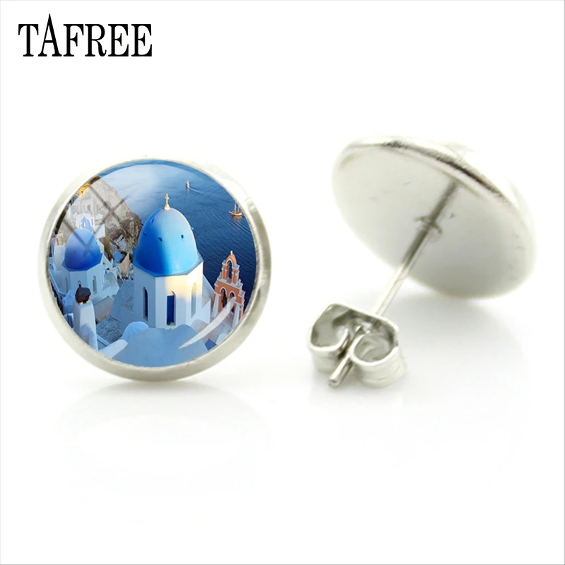 Круглые серьги-гвоздики TAFREE с островом Санторини греческий пейзаж серьги
