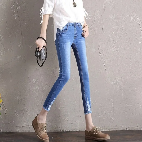 Blue Jeans Осенние новые женские до щиколотки черные джинсы для студентов стрейч узкие женские узкие брюки джинсовые однотонные женские брюки - Цвет: Blue Jeans
