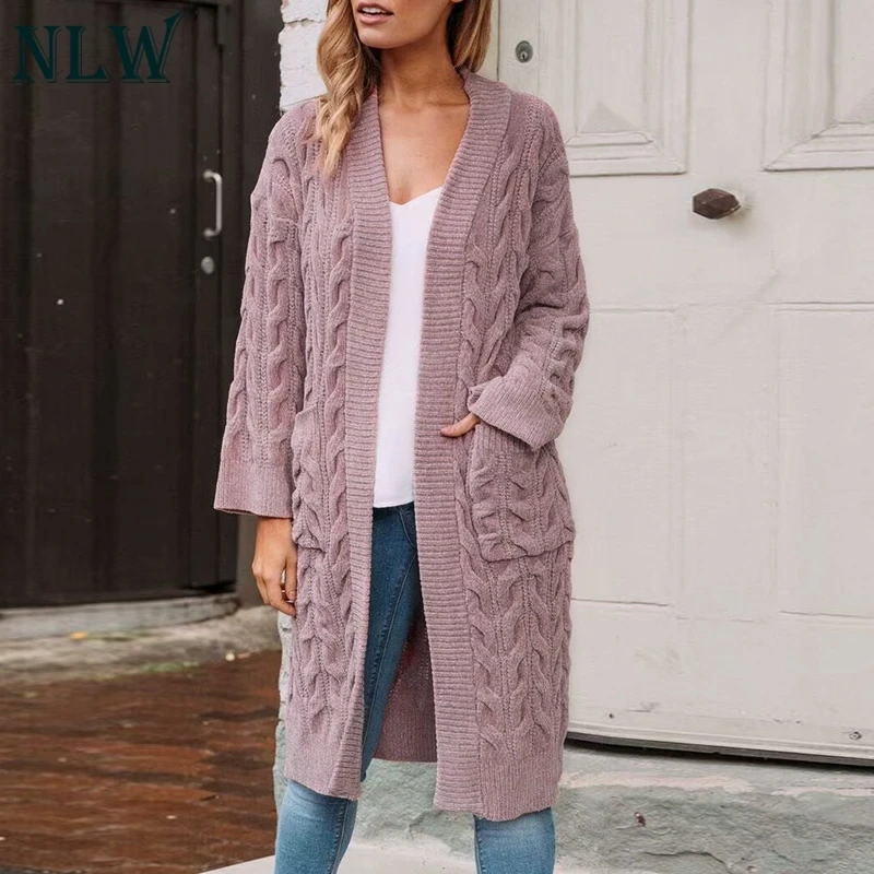 NLW Chenille Wool Long Pink Cardigans Women 2019 Autumn Winter Knitted White Pockets Cardigan Casual Loose High Quality |