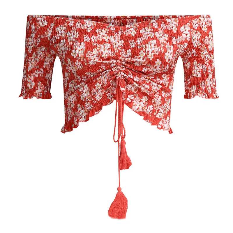 IUURANUS Fashion Bohemia Summer Blouse Off Shoulder Short Sleeve Floral Printing Bandage Backless Beach | Женская одежда