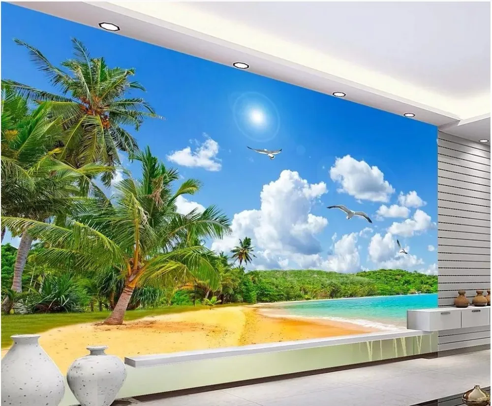 

Custom photo 3d wallpaper Coconut tree landscape with seascape background room home decor 3d wall murals wallpaper for walls 3 d