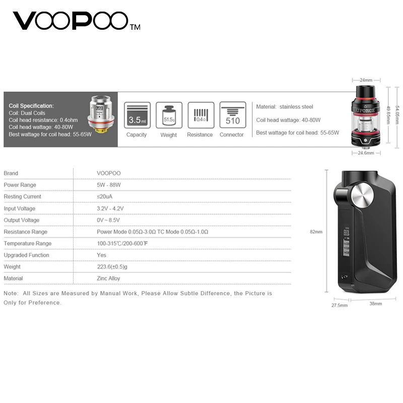 Оригинальная электронная сигарета Voopoo MOJO 88 Вт TC Kit 2600 мАч батарейный блок мод Vape с