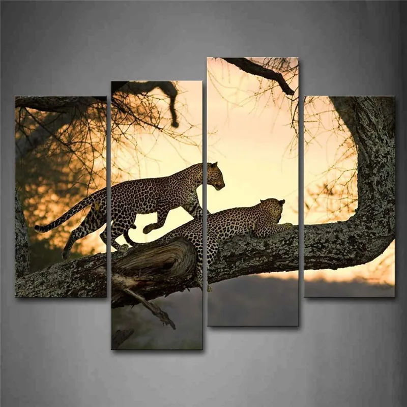 4 Panels Unframed Canvas Photo Prints The Leopard In Tree Wall Art Picture Paintings Decorations | Дом и сад