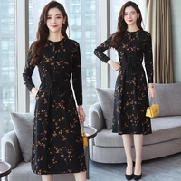 2021 autumn winter new black floral vintage dress plus size midi dresses korean elegant women party long sleeve bodycon vestidos