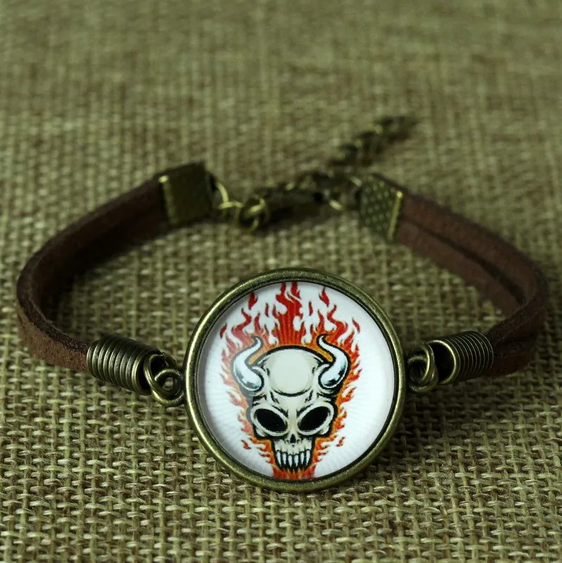 Elessical Хэллоуин изделия ручной работы кожаный браслет череп Стекло кабошон в