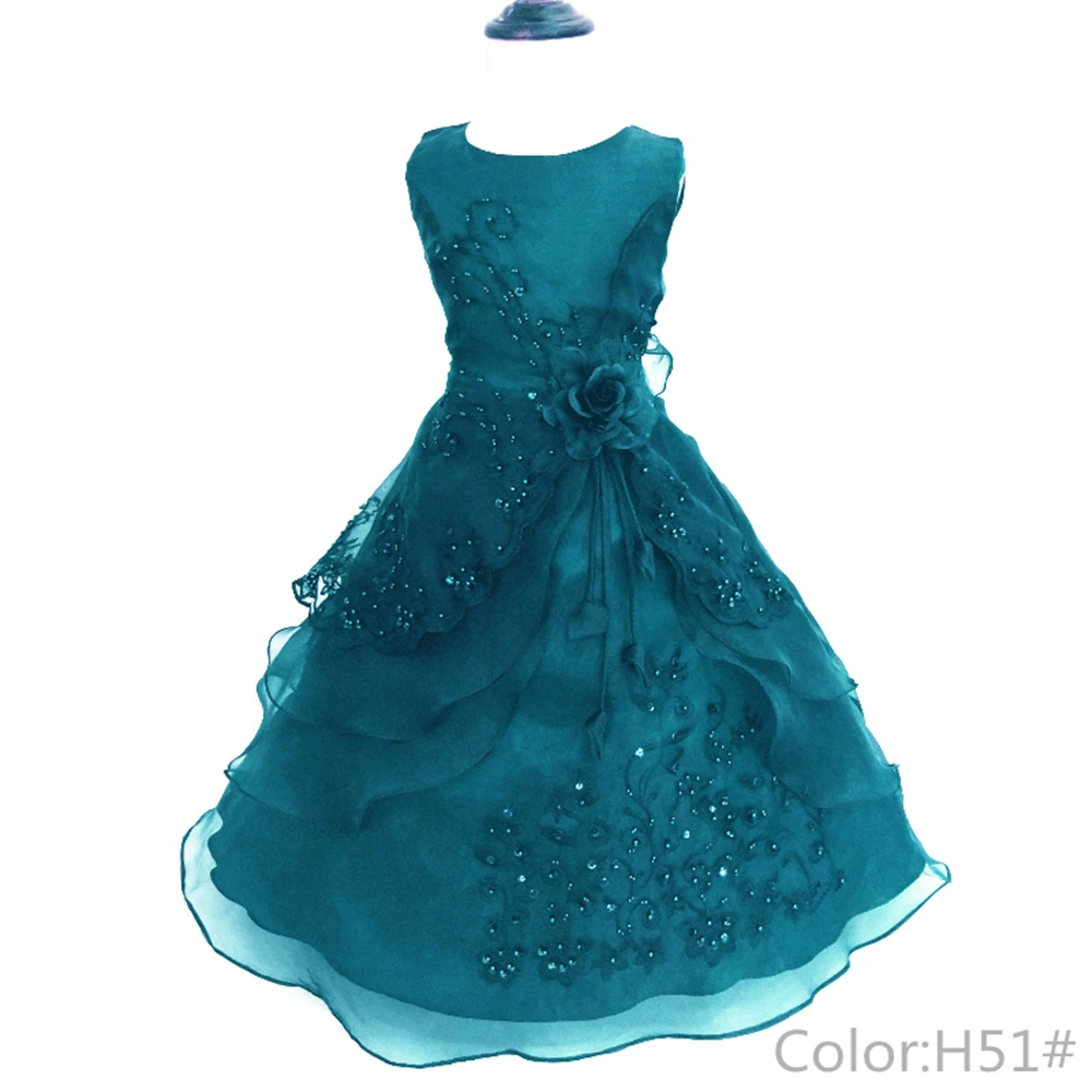 Free shipping New Arrival Party Dress 10 12 Years Kids Evening Gowns Embroidery Dust Pink Flower Girl Dresses For Weddings - Цвет: TealH51
