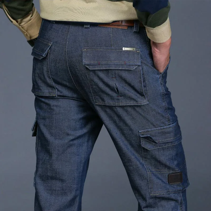 New Brand Military Jeans Denim Pants Men Cotton Cargo Loose Baggy Pockets Straight Trousers Autumn Winter Bottoms | Мужская одежда