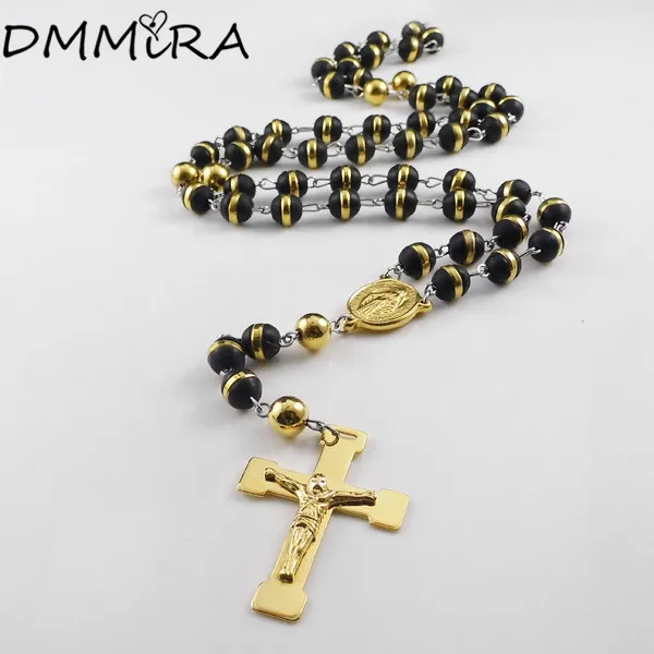 Модное ожерелье с крестом из нержавеющей стали золотым 8 мм черно-белые бусины