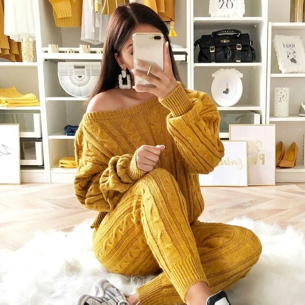 Женский трикотажный костюм Chandal Mujer теплый однотонный с открытыми плечами и