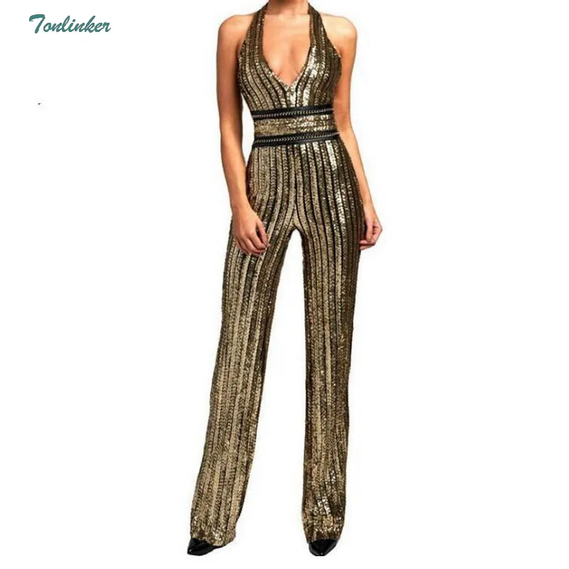 Gold Red Sequin Jumpsuit Long Pants  Sexy Party Suit V Neck Backless  Women Clubwear Bodysuit Overalls Macacao Feminino S-L