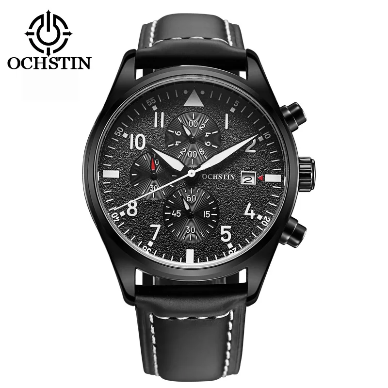 043B-Black OCHSTIN новые спортивные часы мужские модные повседневные Брендовые Часы с хронографом Роскошные водонепроницаемые светящиеся часы с кожаным ремешком наручные кварцевые часы - Цвет: 043B-Black