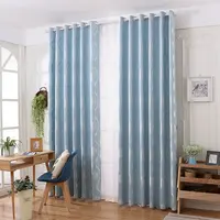 Modern Style Sliver Water Wave Jacquard Blackout Curtains Cotton Linen Leaves Printed Drapes for Living Room Window Treatment