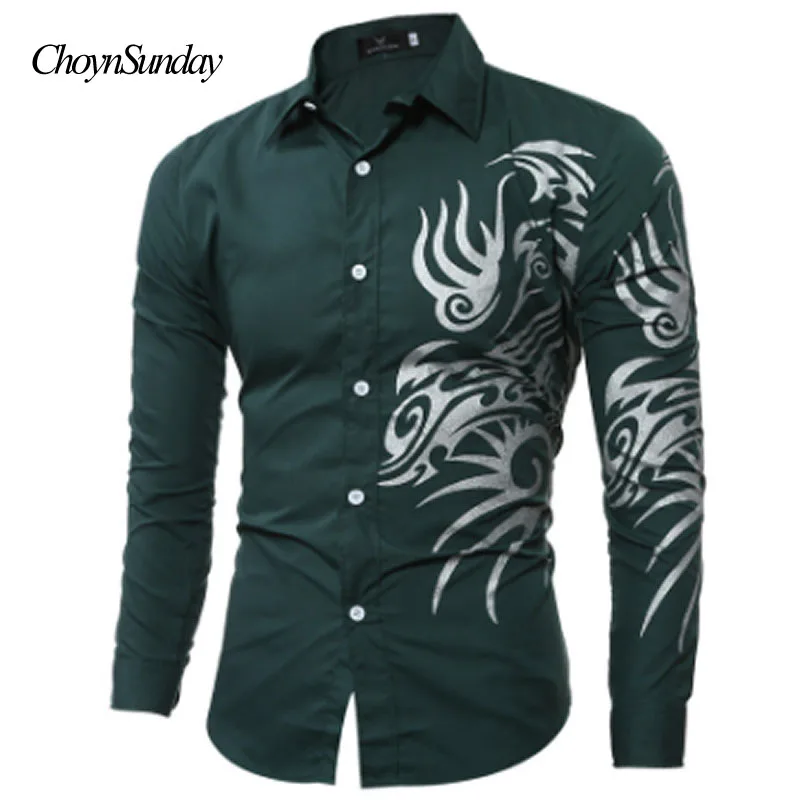 Осень Новая мода цветок печатных с длинным рукавом рубашки для мужчин camisa мужской тонкий цветок рубашки Винтаж Уличная Повседневная мужская рубашка - Цвет: Зеленый