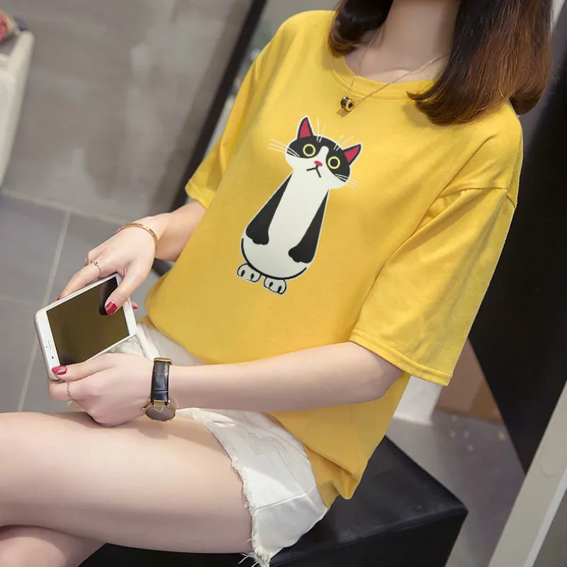 T-shirt female short-sleeved summer 2019 new printing cotton casual fashion loose thin slimming large size women's shirt | Женская