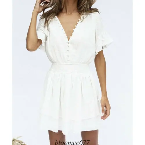 

Womens Deep V Ladies Summer Pearl Beach Mini Dress Holiday Puff Ruffles Sleeve Button Sun Dresses Sundress