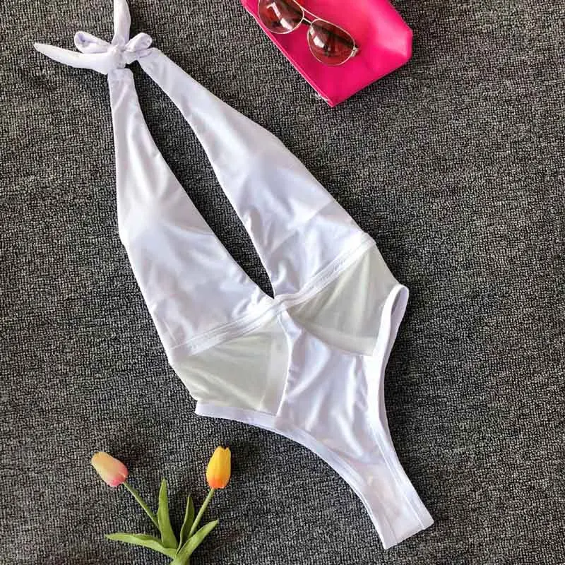 Neon Green Bikini Push Up Sexy Deep V Mesh Swimsuit Women One Piece Swimwear Halter Cross Bathing Suits Monokini Beachwear | Спорт и