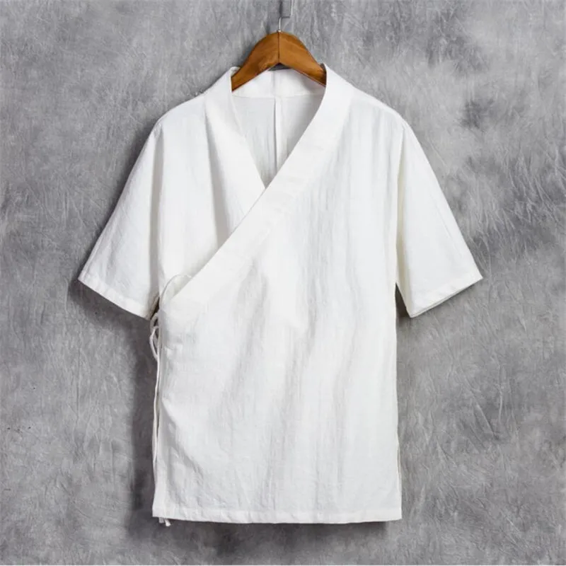 Мужская рубашка из хлопка и льна с коротким рукавом в китайском стиле|shirt classic|kung fu