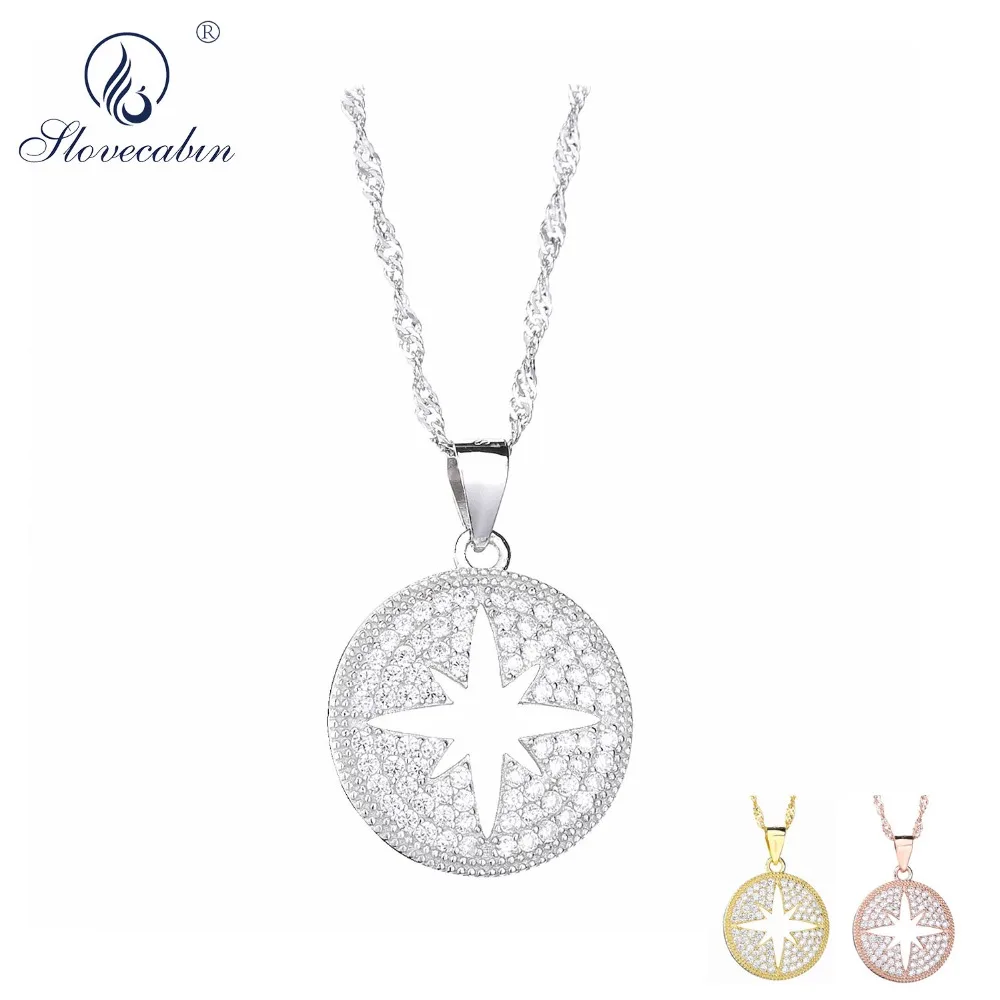 

Slovecabin 925 Sterling Silver Zircon Star Round Pendant Dangle Necklace For Women Christmas Handmade Hop Sale Japan New Jewelry
